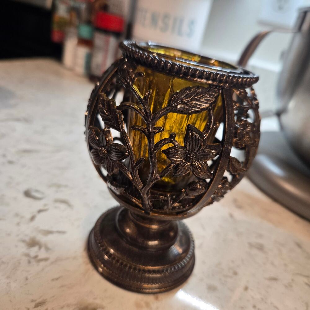 Vintage Hollywood Regency Votive Candle Holder Ornate Floral Filigree Pedestal